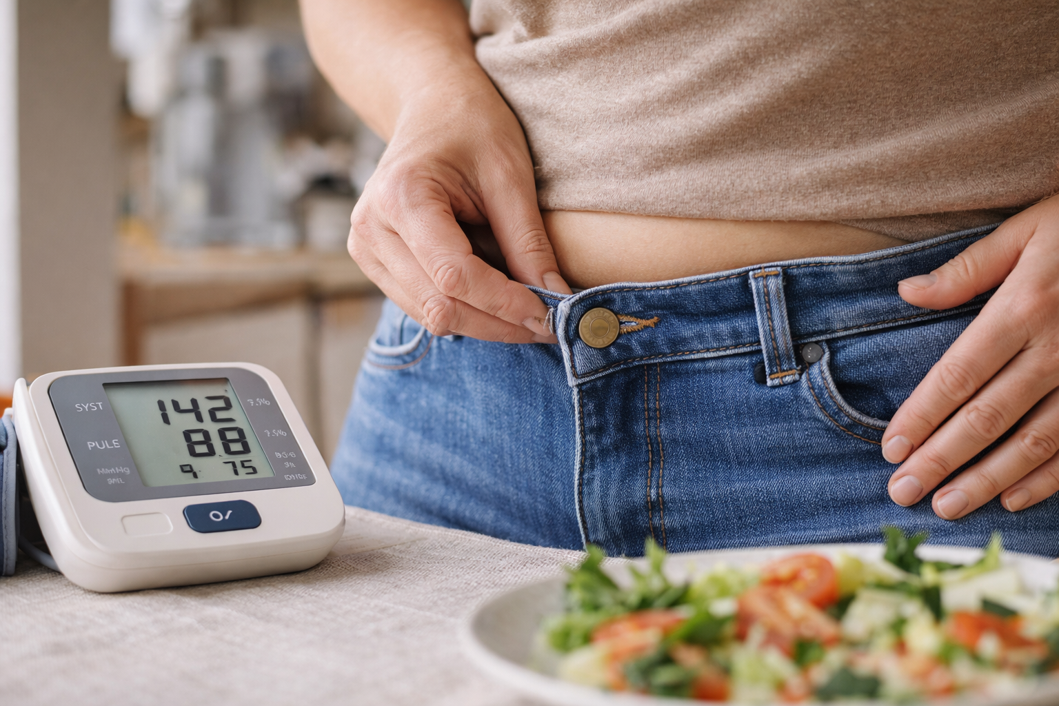 Adult noticing tighter clothes and blood pressure concern in a realistic home setting