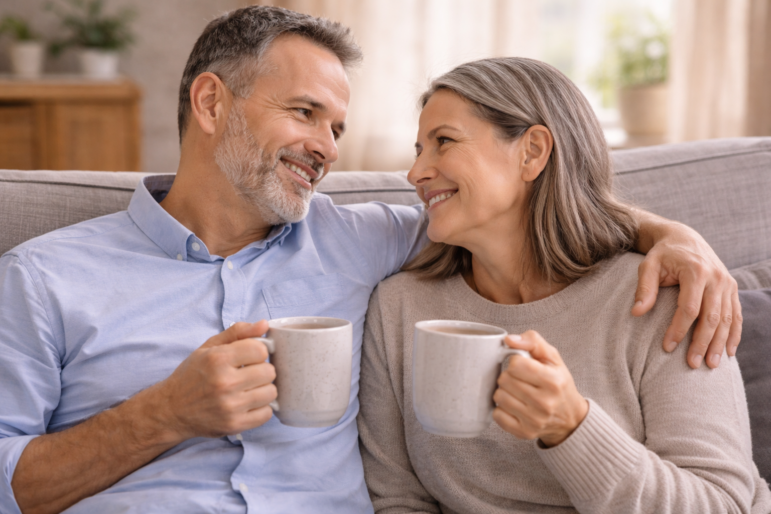 Mature couple in a warm home setting holding mugs with a calm, hopeful expression